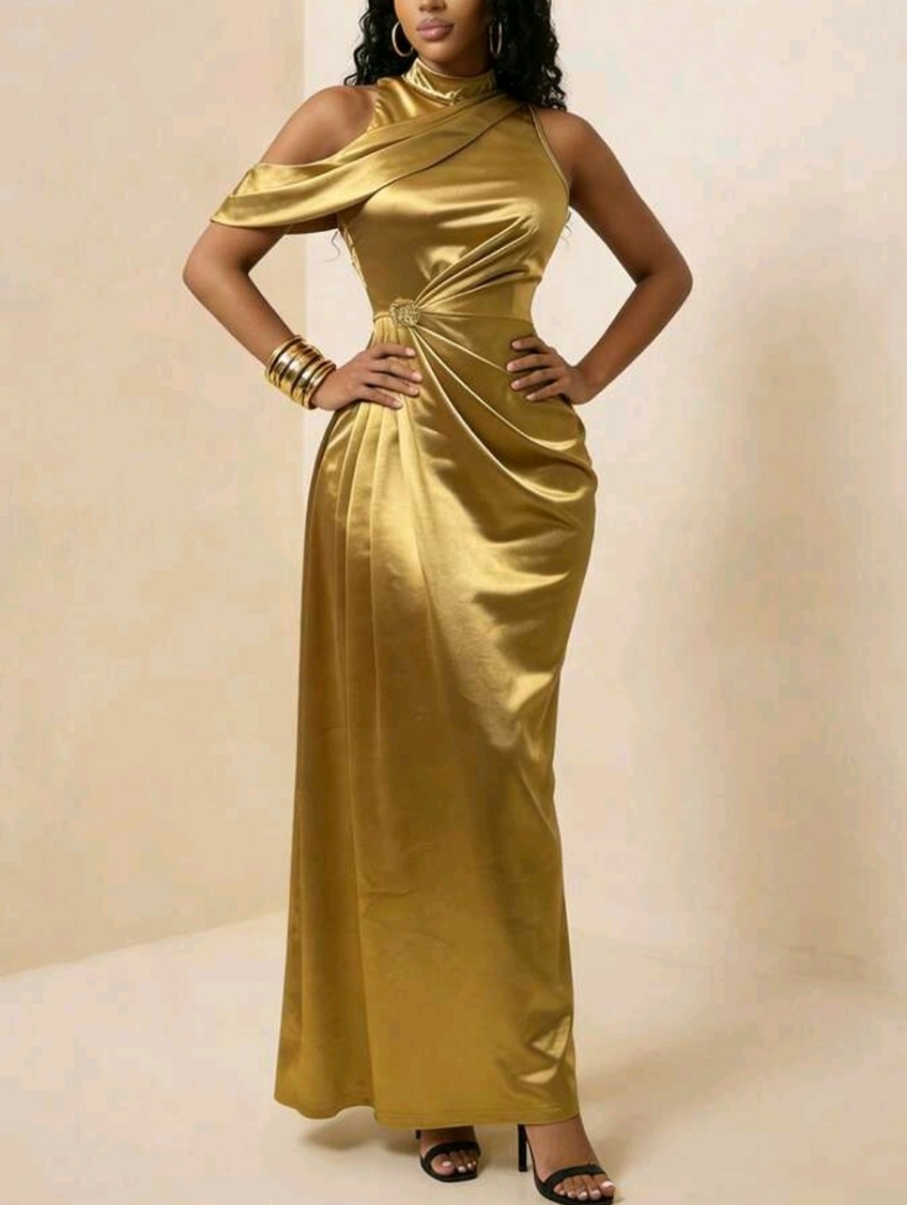 Gold One-Shoulder Satin Evening Gown